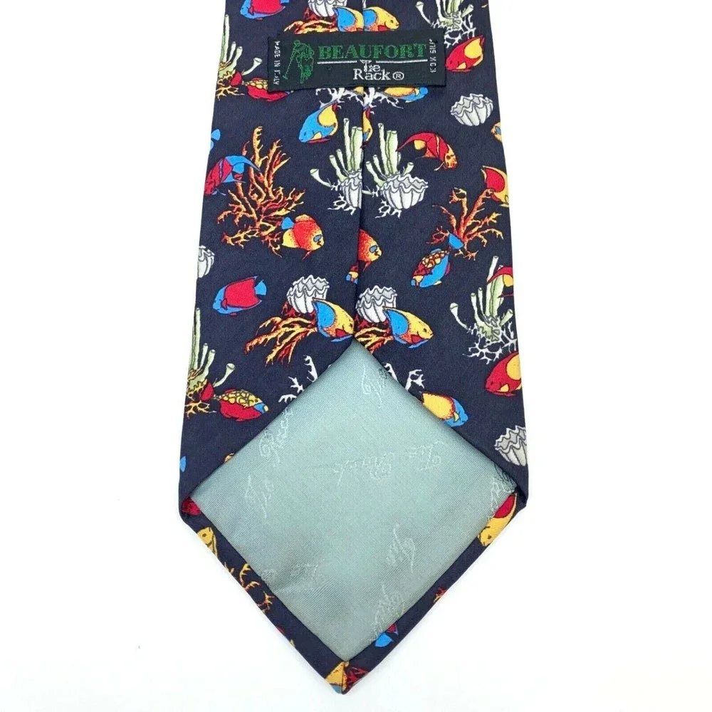BEAUFORT Tie Rack Black Multicolor Fish Animal 100% Silk Necktie Made in Italy